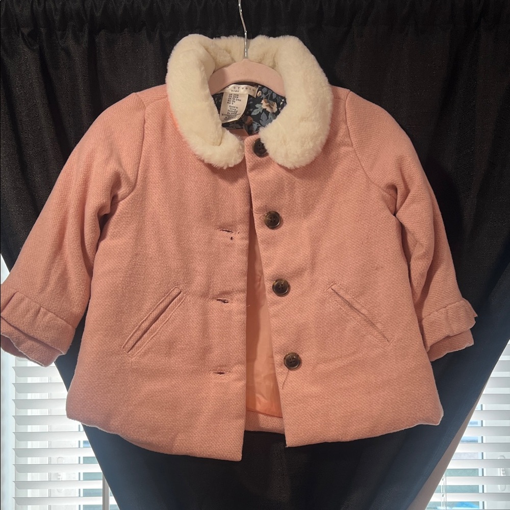 Max Studio Pink Pea Coat with Cream Faux Fur Collar